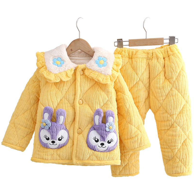 儿童睡衣冬季法兰绒三层加厚夹棉女童中大童珊瑚绒保暖家居服套装