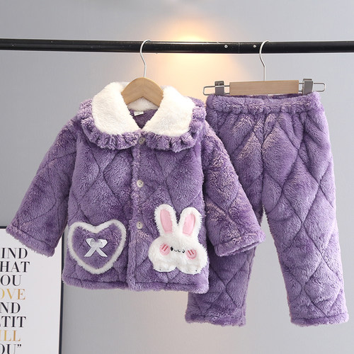 冬季儿童睡衣法兰绒加厚夹棉套装女童宝宝长毛绒小白兔保暖家居服 - 图0