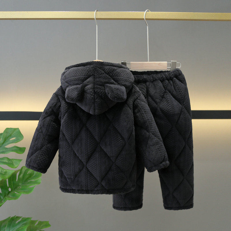 儿童睡衣加厚夹棉拉链家居服套装男女中大童亲子装睡衣带帽黑色,淘宝优惠券,粉丝福利购,淘宝优惠卷