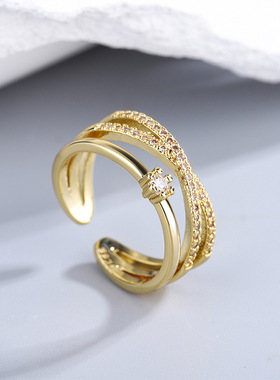 女士合金交叉锆石开口戒高级感