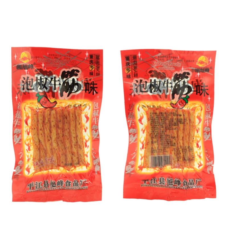 湘旭峰 泡椒牛筋味辣条麻辣辣片辣丝经典辣条怀旧零食25g30包包邮 - 图0