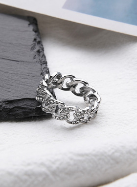 镶嵌满钻链条戒指钛钢不褪色