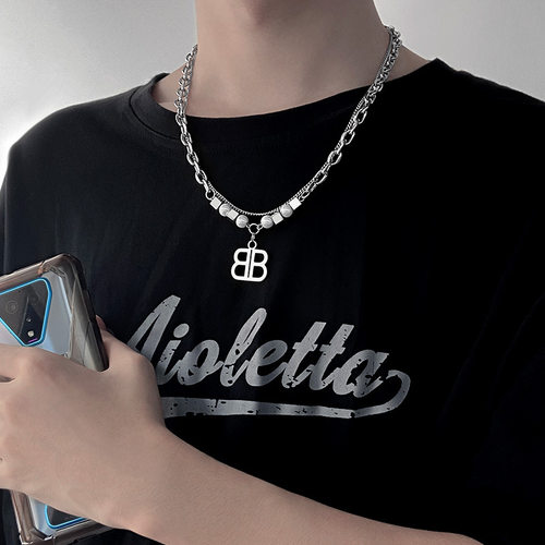 男士项链B字母双层钛钢不褪色简约ins风珍珠个性百搭毛衣链锁骨链 - 图0