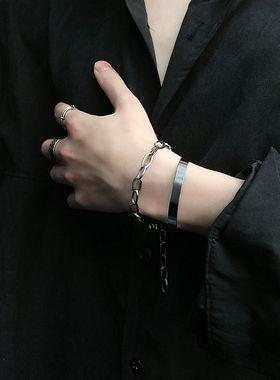 钛钢手镯男潮ins小众设计嘻哈情侣手环简单大方个性开口男士手链