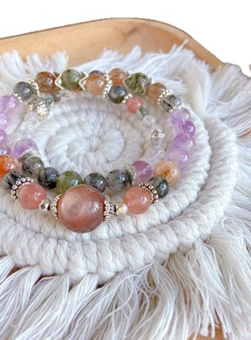 【一路繁花】天然紫锂云母黑金超绿云母超七黑发晶双圈手串16手围