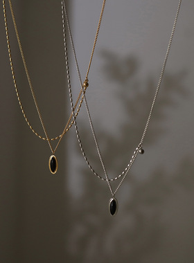 XL528 鲸雨饰品 Vintage复古法式椭圆黑色项链黑镜锁骨 钛钢镀18K