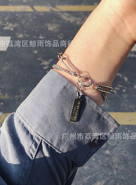 复古双层方牌钛钢银色欧美风手链
