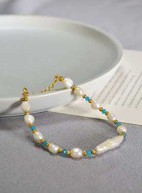 法式小众复古不规则巴洛克淡水珍珠小银条蓝色隔珠简约气质手链女