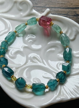 18k金蓝碧玺原石随形手链 全蓝绿 方糖回纹桶珠 不规则手串lagoon