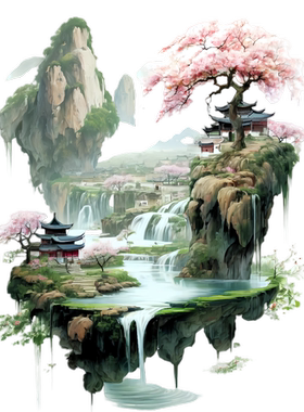 国风桃花山水贴画卧室玄关客厅墙面车贴现代高级防水装饰自贴画