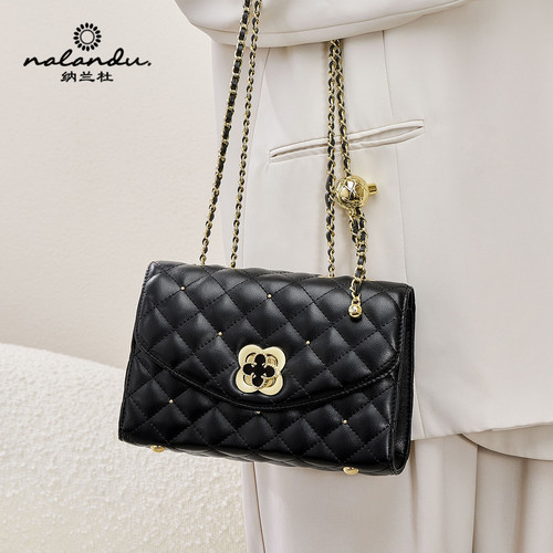 纳兰杜包包女式2025新款斜挎包女夏黑色小香风链条包小包真皮女包 - 图1