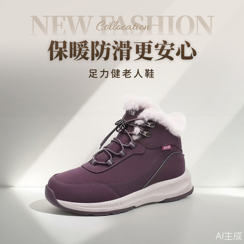足力健老人鞋美利奴绵羊毛鞋冬季新款加厚保暖男防滑中老年健步鞋 - 图0