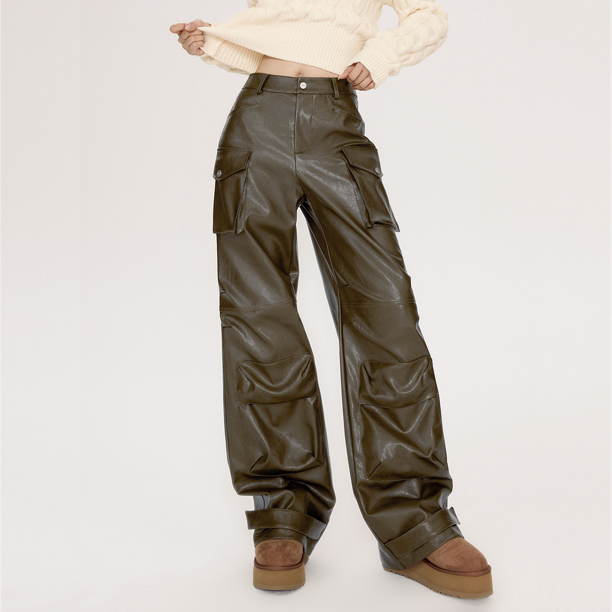 【99/件】EPTISON工装皮裤女2025冬季新款复古宽松高级感休闲裤,淘宝优惠券,粉丝福利购,淘宝优惠卷