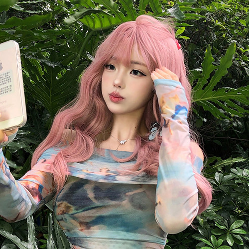 粉色假发全头套女lolita彩色洛丽塔万用cos日常整顶长卷发大波浪 - 图0