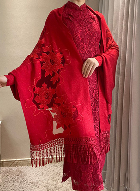 高端春秋红色刺绣中国风女披巾