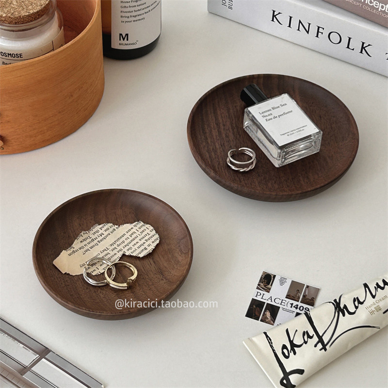 复古胡桃木桌面木质收纳盘实木圆形首饰小托盘饰品展示整理置物盘 - 图3