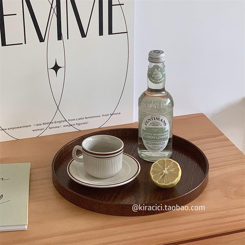 复古圆形木质托盘茶盘桌面餐具水杯收纳盘摆件家用餐盘餐具水果盘 - 图1