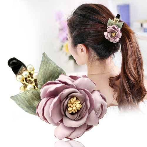 香蕉夹韩国女士手工发饰竖夹花朵马尾夹优雅雪纱发夹简约时尚饰品 - 图1