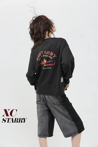 XCstarry纸袋6009飞机星背后印花圆领加绒卫衣宽松轻软保暖情侣冬 - 图2