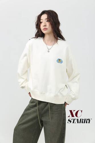 XCstarry纸袋6009飞机星背后印花圆领加绒卫衣宽松轻软保暖情侣冬 - 图0