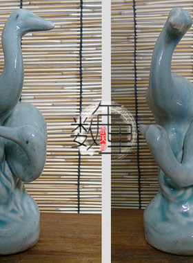 蓝色 【 仙鹤 】 老陶瓷 瓷塑 装饰品 摆件 釉面开片 双鹤