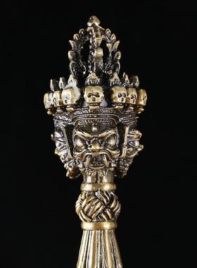 藏族用品铜合金刚撅三面普巴金刚杵带底座青古款高22cm