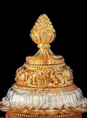 藏式铜雕花三层修粮米盒可拆卸客厅供佛用品八吉祥宝瓶装饰品摆件