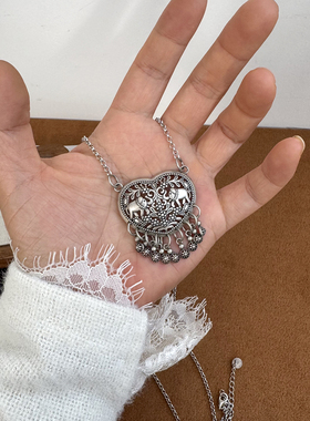 s925纯银复古做旧清迈手工银吉象镂空设计心牌女款项链