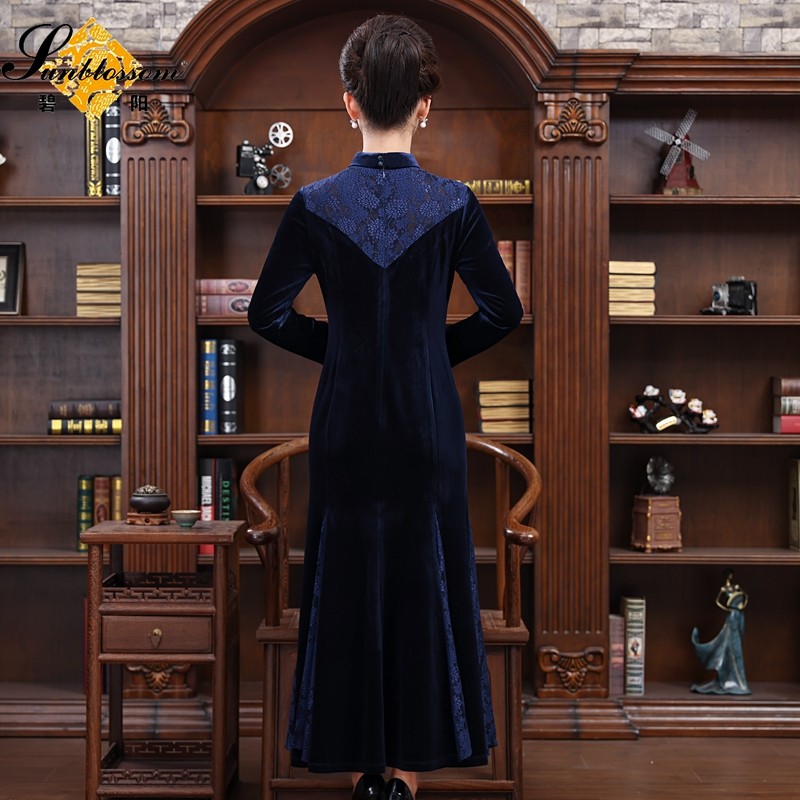 碧阳2023秋冬新款女装宴会年会丝绒连衣裙妈妈镶钻洋气婚宴鱼尾裙