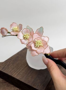 非遗绒花发夹边夹新中式发簪子手工掐丝发梳旗袍头饰软赞花礼物