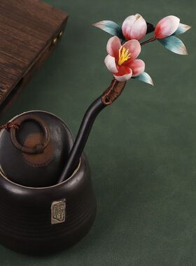 非遗蚕丝绒花檀木发簪夏季清冷感设计木质盘发头饰旗袍汉服发饰品