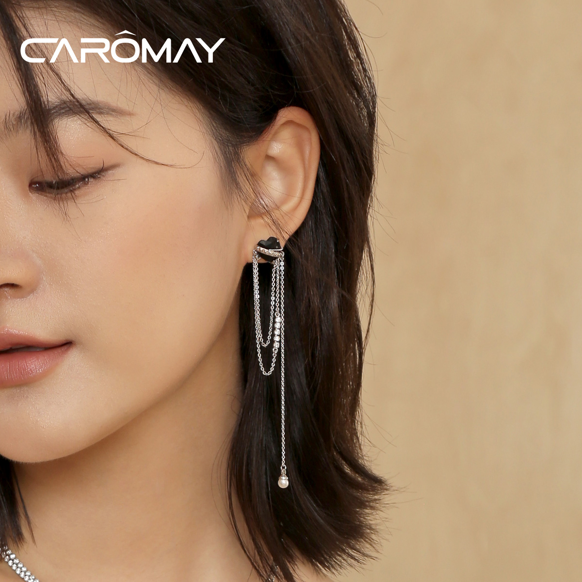 设计师款摇滚宝石爱心流苏耳环女小众耳钉轻奢黑锆石耳饰 CAROMAY 设计师款摇滚宝石爱心流苏耳环女小众耳钉轻奢黑锆石耳饰 CAROMAY