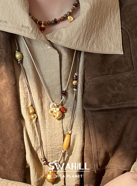 新品SWAHILL斯瓦山丘 图腾小象榛果串珠大象长项链复古小众毛衣链