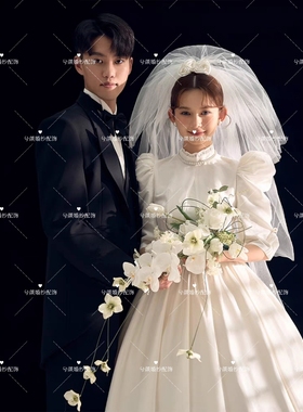 影楼拍照主题头纱新娘婚纱照摄影婚礼现场拖尾三层蓬蓬公主头纱