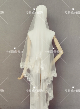 兮颜原创新娘婚纱礼服头纱单层韩式蕾丝月牙花边白色软纱造型头纱