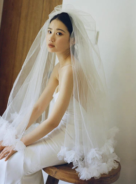 新娘结婚造型头纱仙美花朵森系旅拍婚纱头纱面纱摄影蓬蓬凹造型