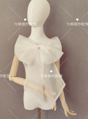 兮颜原创新娘结婚diy欧根纱飘带双蝴蝶结婚纱配饰前后装饰黑白色