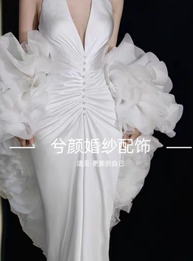 白色婚纱配饰荷叶边手袖纱袖披肩多场景主持走秀模特影楼拍照氛围