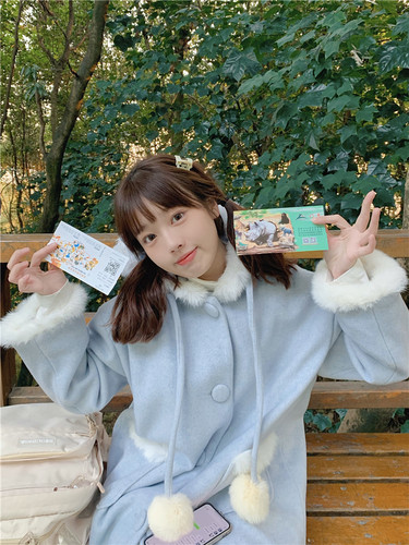 蛋包饭餐厅兔毛呢子外套大衣女冬季中长款加棉加厚日系小个子上衣 - 图1