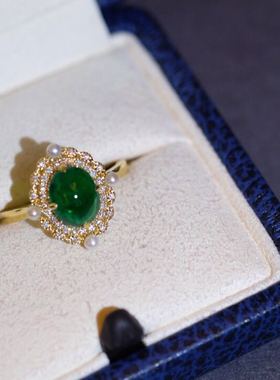 翡翠绿戒面镶嵌指环莫桑钻9k金