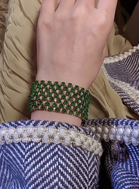 定制款翡翠培育钻石手链豪华群爪镶高级金工14k18k金超宽手链腕饰