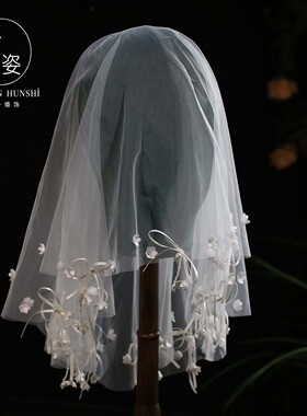 超仙铃兰花边蝴蝶结小头纱新娘