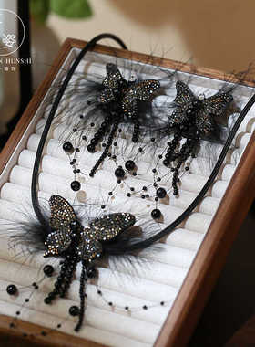 个性黑色羽毛蝴蝶项链耳夹套装