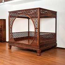 Lao large red acid branch double solid wood large bed Minqing Classical Flower Shelf Bed STEP BED CLEAR-STYLE ENGRAVED SHELF BED