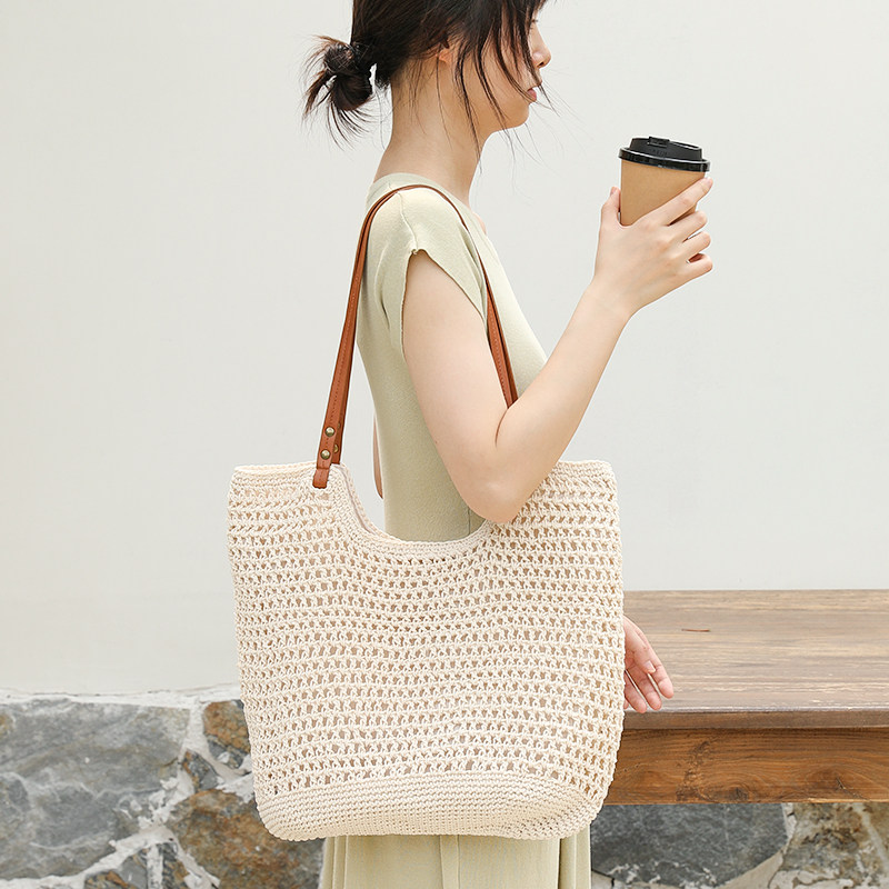 ins森系文艺复古手工编织包休闲棉线单肩包托特包毛线包购物袋女,淘宝优惠券,粉丝福利购,淘宝优惠卷