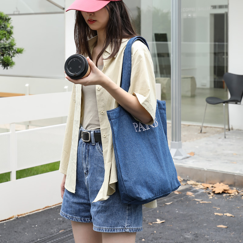 日系文艺学生牛仔布托特包女ins刺绣字母单肩布袋慵懒风帆布手提 - 图0