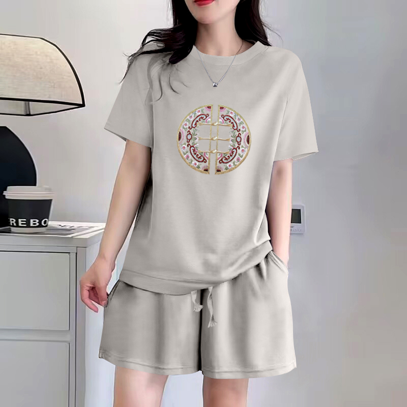 清仓捡漏~100%纯棉印花两件套女夏季宽松休闲短袖短裤休闲套装潮 - 图1