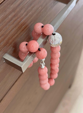 粉色红纹石夏日时髦圆珠串珠项链手工编制项链14MM大珠毛衣锁骨链