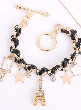 韩版潮流时尚手链女菲尔铁塔星星花朵扑克牌皮绳编织手饰品