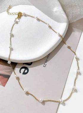 New Beads Women's Neck Chain Kpop Pearl Choker Necklace Gold
